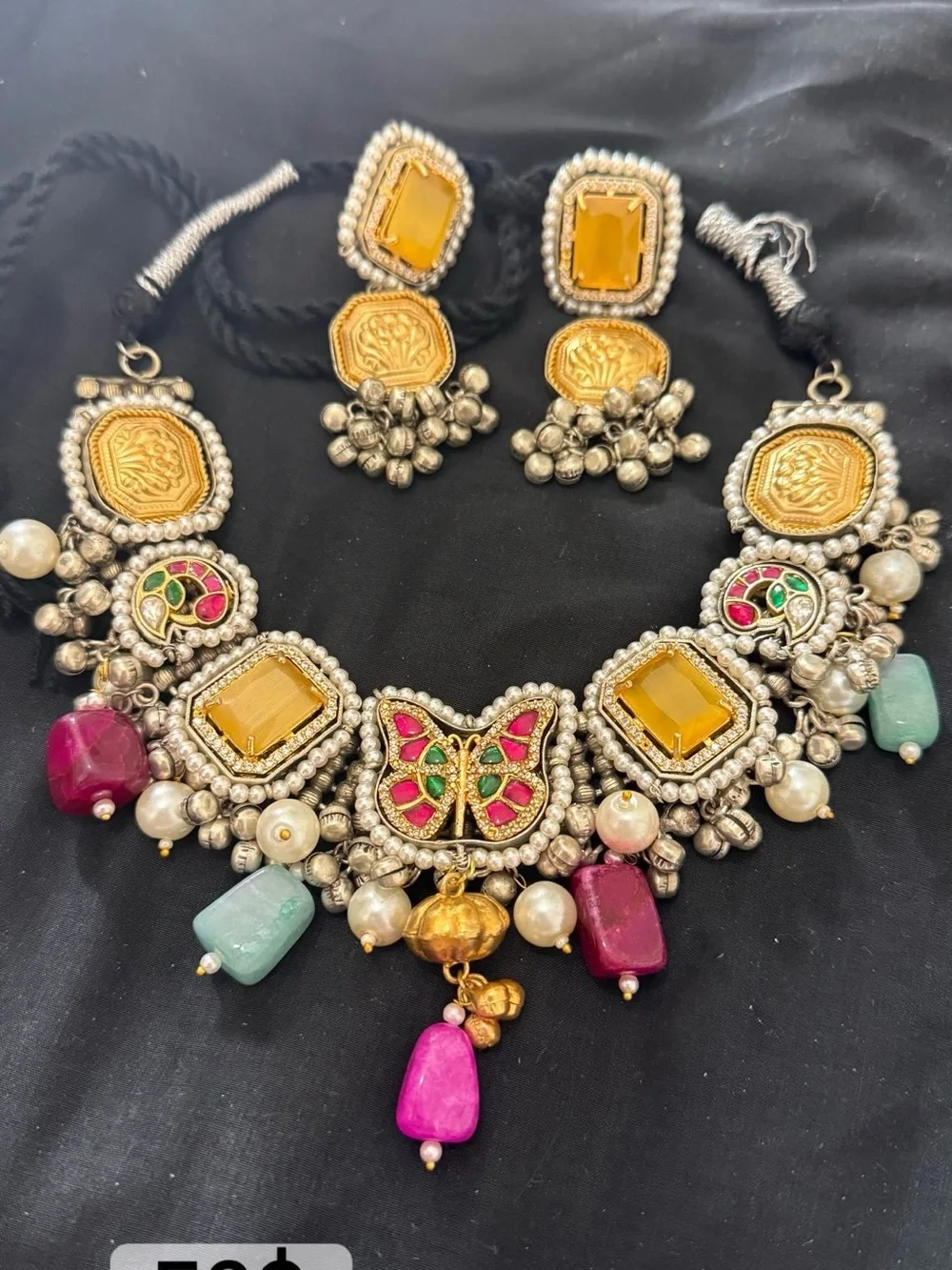 Handcrafted Multicolor Butterfly Statement Necklace with Earrings